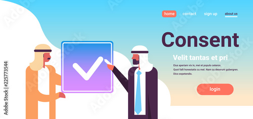 arabic business people agreement green consent form arab men communication concept flat horizontal portrait copy space vector illustration