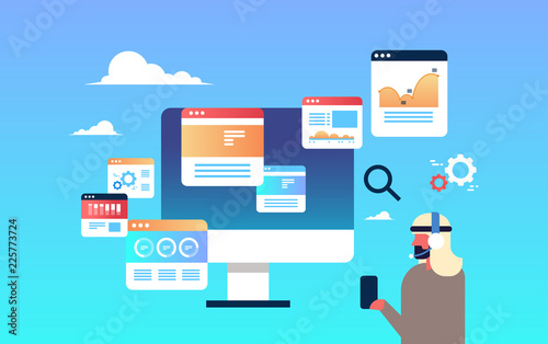 arabic businessman headphones online trading concept man monitoring sales diagrams graphs horizontal blue background flat vector illustration