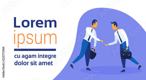 two businessmen handshaking partnership agreement concept successful business strategy good deal male cartoon character horizontal copy space flat full length vector illustration