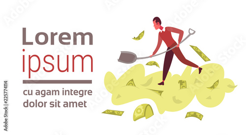 rich businessman dig shovel pile money successful business strategy concept wealth banknote growth male cartoon character flat isolated full length horizontal copy space vector illustration