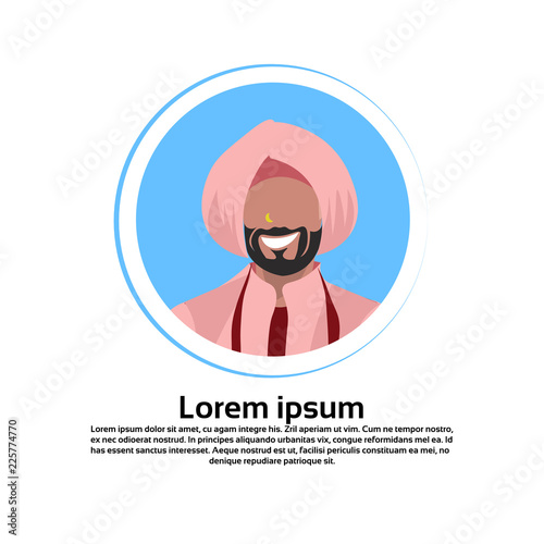 indian man face avatar traditional clothes male cartoon character portrait isolated round frame flat vector illustration