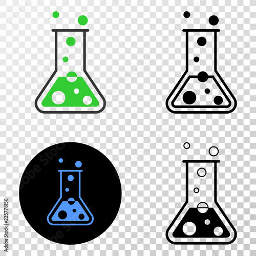 Chemical retort EPS vector pictogram with contour, black and colored versions. Illustration style is flat iconic symbol on chess transparent background.