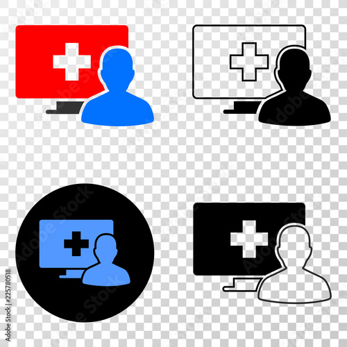 Online medical patient EPS vector pictograph with contour, black and colored versions. Illustration style is flat iconic symbol on chess transparent background.
