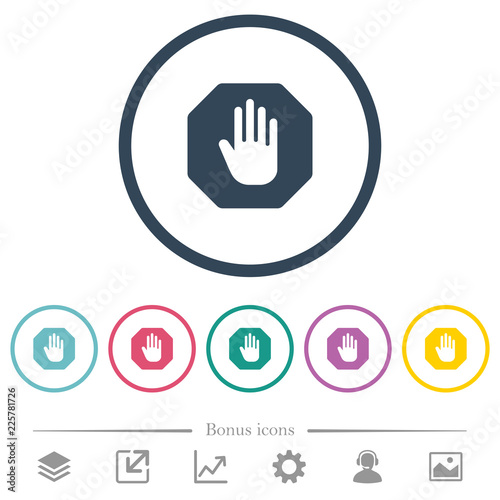Octagon shaped stop sign flat color icons in round outlines