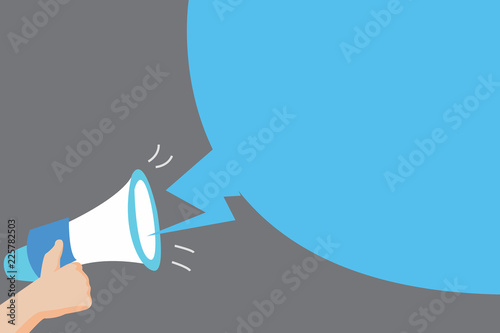 Flat design Vector Illustration Empty esp template copy text for Ad, promotion, poster, flyer, web banner, article. Human Hand Holding Megaphone with Sound Effect and Blank Broadcast Bubble