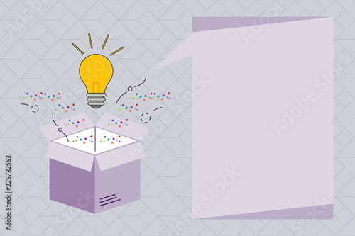 Flat design business Vector Illustration concept Empty copy space modern abstract background Geometric element. Bulb Glowing over Open Empty 3D Box and Blank Vertical Rectangle Bubble