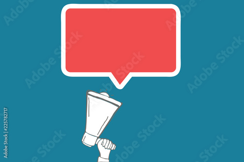 Flat design business Vector Illustration Empty copy space for Ad website promotion esp isolated Banner template. Human Hand Holding Upward Megaphone and Blank Speech Bubble with Border