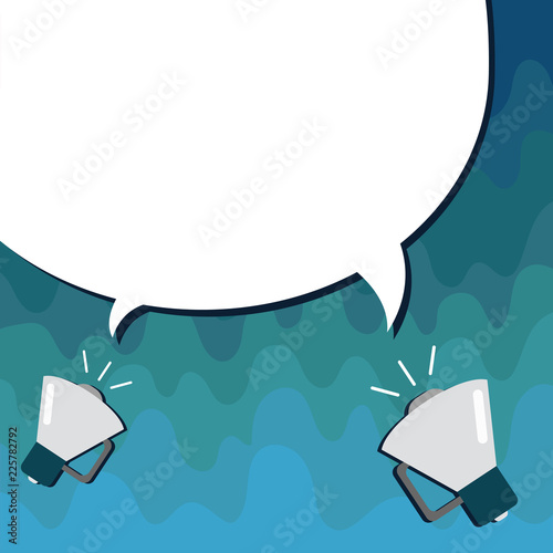 Flat design business Vector Illustration Empty copy space for Ad website promotion esp isolated Banner template. Halftone Blank Speech Bubble Two Tails pointing to Different Megaphone