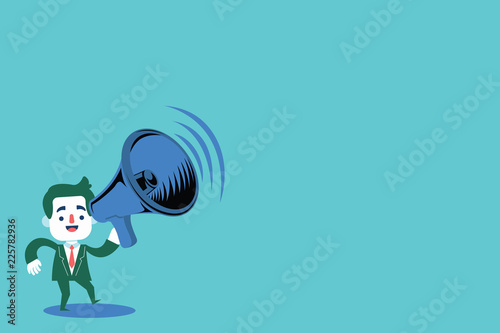 Flat design business Vector Illustration concept copy text for esp Web banners promotional material mock up template. Man in Suit Earpad Standing Moving Holding a Megaphone with Sound icon