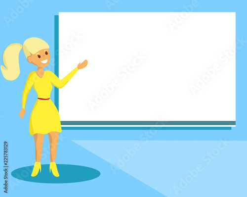 Flat design Vector Illustration Empty esp template copy text for Ad, promotion, poster, flyer, web banner, article. Woman Standing Talking Hand Presenting Audio Visual Blank Projector Screen