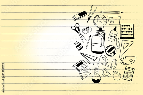 Flat design Vector Illustration Empty esp template copy text for Ad, promotion, poster, flyer, web banner, article. School Supplies icon Educational Materials on Halfside with Text Space