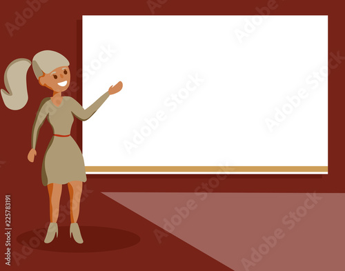 Flat design business Vector Illustration Empty template esp isolated Minimalist graphic layout template for advertising. Woman Standing Talking Hand Presenting Audio Visual Blank Projector Screen