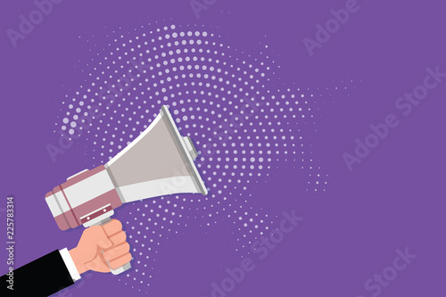 Flat design business Vector Illustration Empty copy space for Ad website promotion esp isolated Banner template. Male Human Hand Holding Gripping a Megaphone on Dotted Halftone Pattern