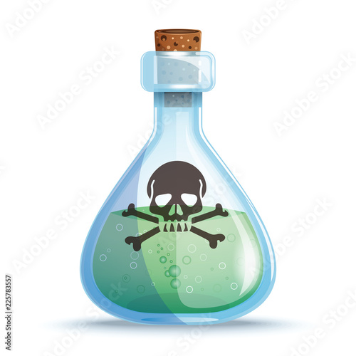 Glass bottle with green liquid. Bottle of poison. Skull and bones on a vial of poison. Vector illustration isolated on white background
