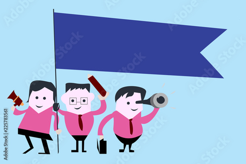 Flat design business Vector Illustration concept copy text for esp Web banners promotional material mock up template. People Smiling Standing Holding a Megaphone Blank Flag Monocular Telescope