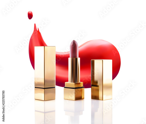 Realistic lipstick cosmetic makeup mockup set. Vector 3d pink red golden color pomade tube and lipstick smudge smear. Beauty fashion women gold accessory. Sexy elegant glamour face makeup cosmetics.