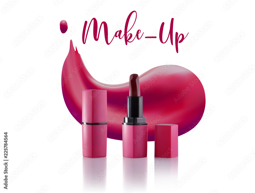 Lipstick cosmetic makeup mockup design template. Vector 3d pink red golden  color pomade tube and lipstick smudge smear. Beauty fashion women gold  accessory. Sexy elegant glamour face makeup cosmetics. Stock Vector