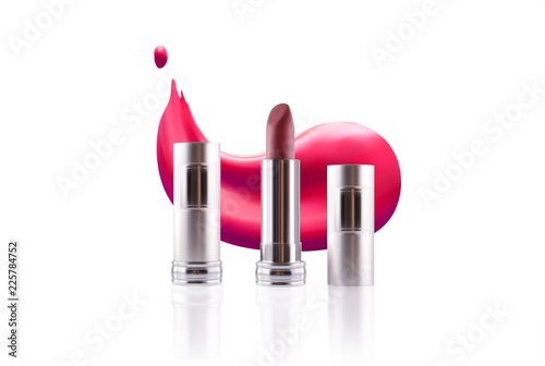 Lipstick cosmetic makeup mockup design template. Vector 3d pink red golden color pomade tube and lipstick smudge smear. Beauty fashion women gold accessory. Sexy elegant glamour face makeup cosmetics.