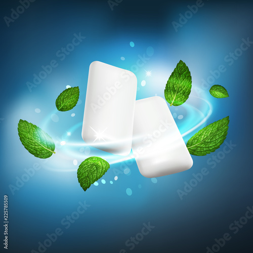 3D realistic isolated vector vortex of mint leaves around a white ñhewing gum pellets