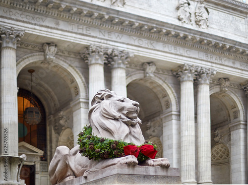 statue of the lion in the new york library decorated for christmas