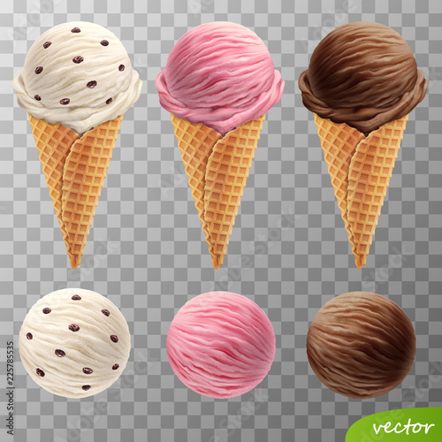 3d realistic vector ice cream scoops in a waffle cones (with raisins, fruit strawberry, chocolate)