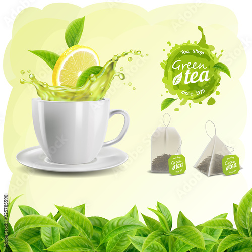 Realistic vector set of elements (tea leaf background, tea cup, a tea and lemon splash, tea bags and stain, logo)