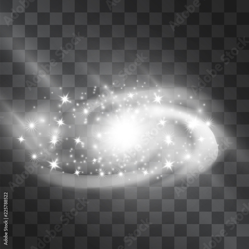 Silver glow galaxy vector light effect with orbits, shining stardust halo. Decorative glittering sparkles, nebula. Highlight energetic motion luxurious design pieces on transparent background.