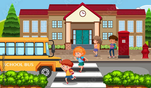 Students going to school by bus
