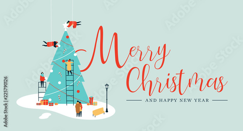 Merry Christmas card of people making xmas tree