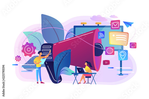 Marketing team work and huge megaphone with media icons. Marketing and branding, billboard and ad, marketing strategies concept on white background. Bright vibrant violet vector isolated illustration