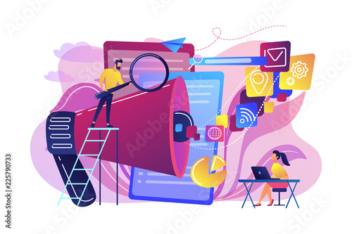 Business team with megaphone and media icons work on search engines optimization. Online marketing, seo tools concept on white background. Bright vibrant violet vector isolated illustration
