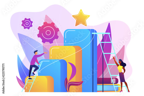 Businessman and woman start climbing ladder. Business and career ambition, career aspirations and plans, personal growth concept on white background. Bright vibrant violet vector isolated illustration