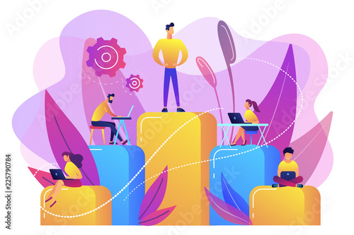 Businessmen work with laptops on graph columns. Business hierarchy, hierarchical organization, levels of hierarchy concept on white background. Bright vibrant violet vector isolated illustration