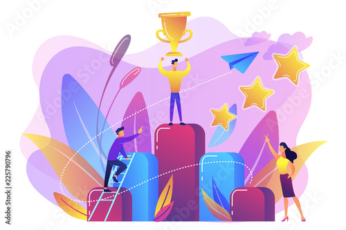 Businessman holds a cup on top of column graph. Key to success and success story, business chance, on the way to success concept on white background. Bright vibrant violet vector isolated illustration