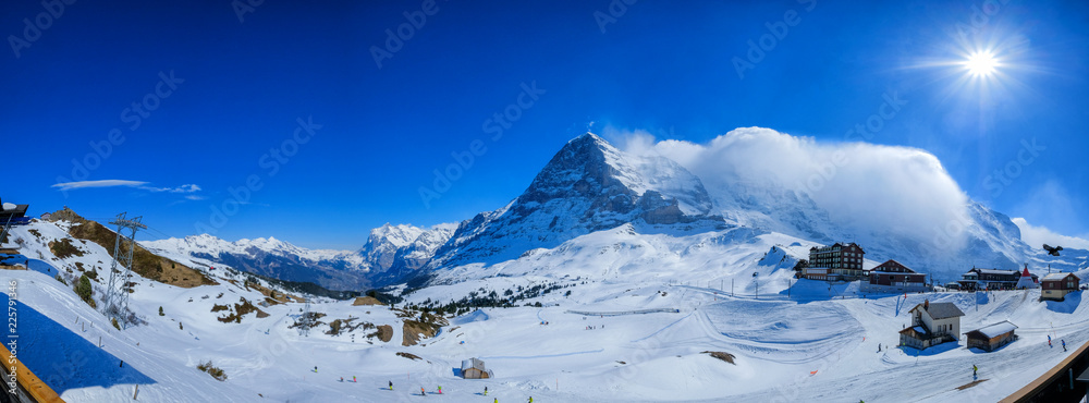 Naklejka premium Panoramic view of snow mountains from Kleine Scheidegg, in winter, Switzerland