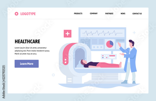 Vector web site linear art design template. Healthcare and medical research. Doctor makes medical check up with MRI tomography. Landing page for website and mobile development. Modern illustration