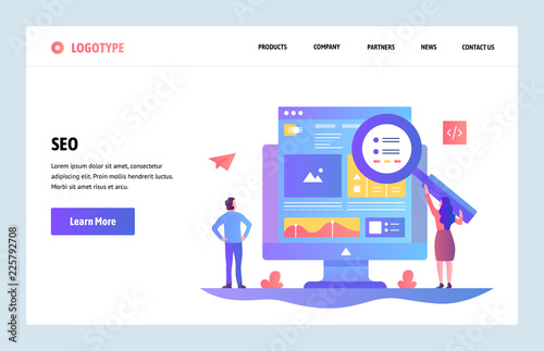 Vector web site linear art design template. SEO search engines optimization and content marketing. Landing page concepts for website and mobile development. Modern flat illustration.