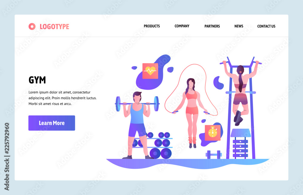 Vector web site linear art design template. People work out in gym. Landing page concepts for fitness sport website and mobile development. Modern flat illustration. Vector web site linear art design template. People work out in gym. Landing page concepts for fitness sport website and mobile development. Modern flat illustration.