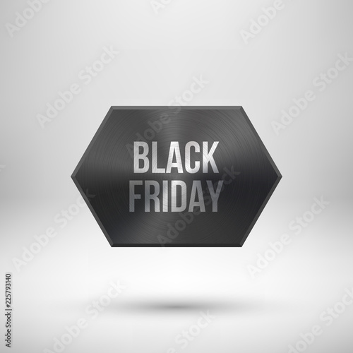 Black friday sale badge, abstract technology circle perforated button with metal texture, chrome, silver, steel and realistic shadow for logo, design concepts, interfaces, apps. Vector illustration.