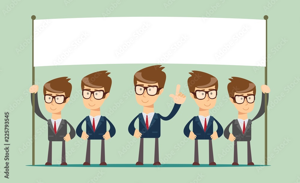 happy business team with a banner isolated vector cartoon illustration. happy business team with a banner isolated vector cartoon illustration.