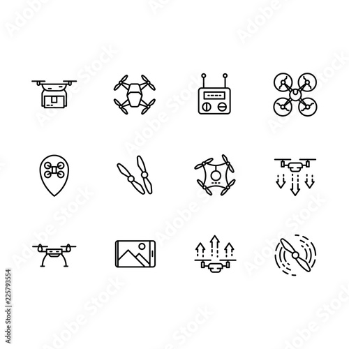 Simple set drone with action camera for aerial photo and video vector line icons. Contains such icons drone, flight, remote control, mobile app, takeoff, landing, propeller blades.