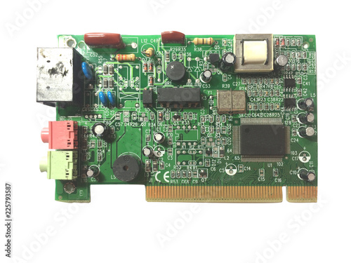 close up green pcb  old sound card computer circuit board with eletronic equipment