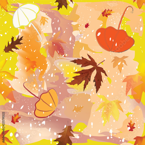 Autumnal seamless pattern with umbrella,foliage,snowfall on grunge stained colorful background