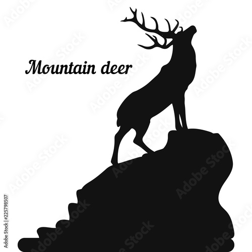 Silhouette of a deer on the top of a mountain, head raised up, on a white background,