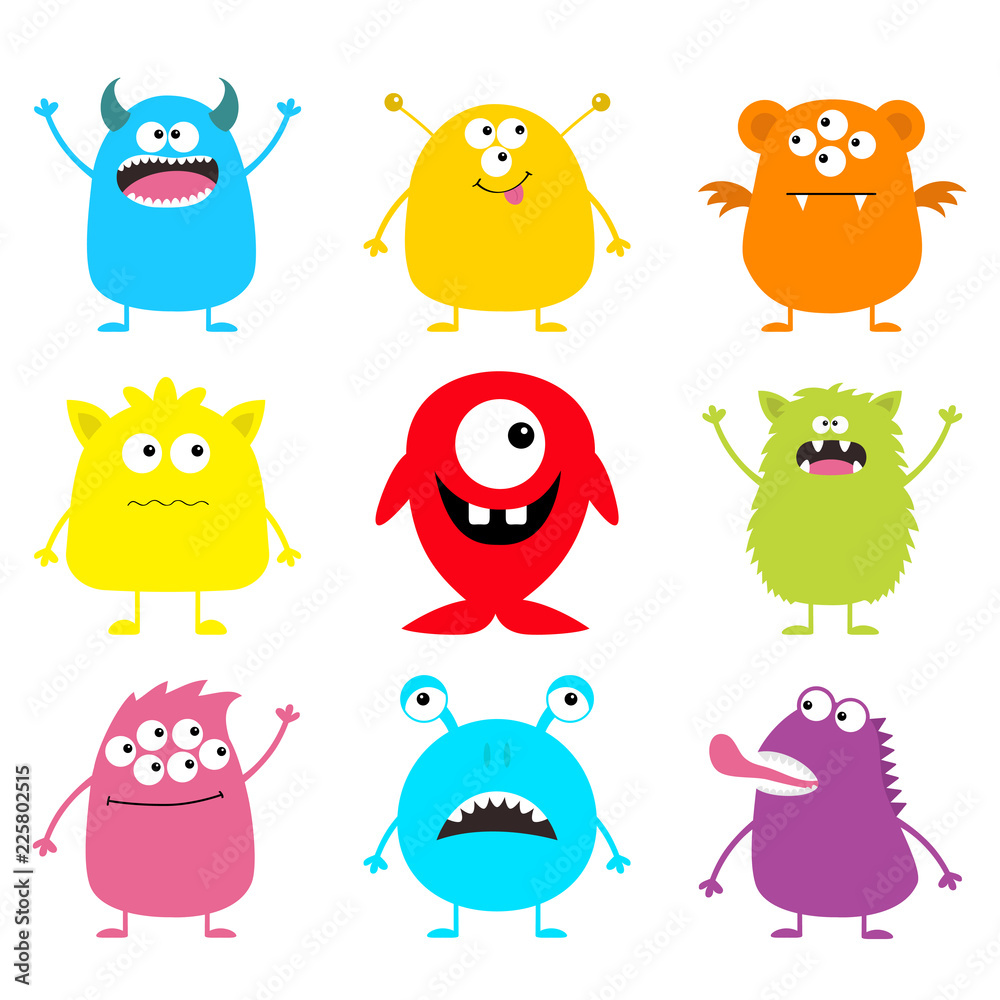 Fototapeta premium Happy Halloween. Cute monster icon set. Cartoon colorful scary funny character. Eyes, tongue, hands up. Funny baby collection. White background. Flat design.