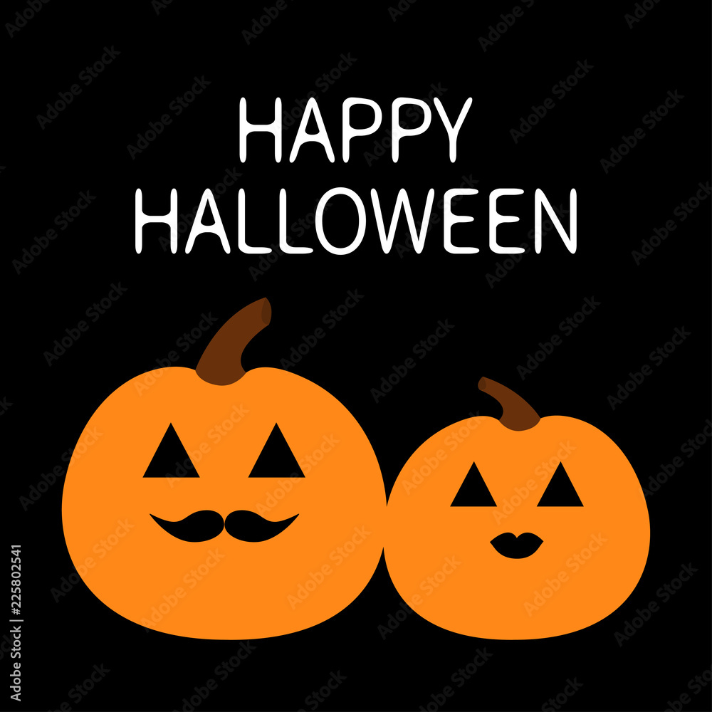 Happy Halloween pumpkin family love couple. Funny creepy smiling face. Lips and moustaches. Cute cartoon baby character. Greeting card. White background. Isolated. Flat design. Happy Halloween pumpkin family love couple. Funny creepy smiling face. Lips and moustaches. Cute cartoon baby character. Greeting card. White background. Isolated. Flat design.
