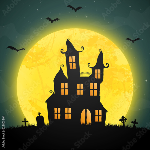 halloween castle in front of full moon