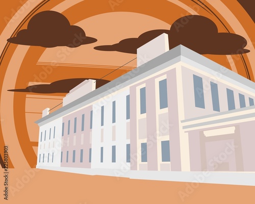 View of an old building. House exterior. City street. Dramatic cloudscape