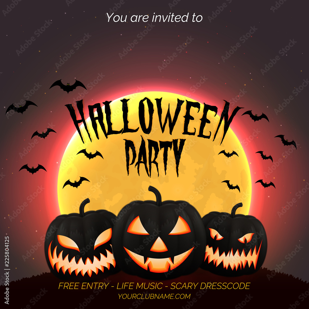 Vettoriale Stock Halloween party poster, flyer template with dark pumpkins  and moon background with place for text | Adobe Stock