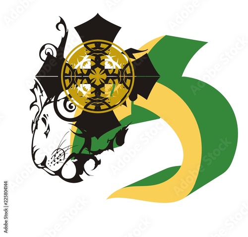 Fototapeta Naklejka Na Ścianę i Meble -   Lion's symbol with a cross. Tribal head of an old lion - a symbol of the power in the form of an arrow 3D with an antique cross on a white background for your design